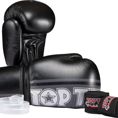 Boxing starter set “Mentor” with mouth guard and hand wraps - 10 oz, black-white